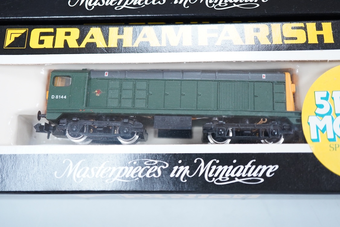 Four boxed Graham Farish N gauge railway diesel and electric locomotives; a BR class 20, D8144 (8204), a Regional Railways class 31, Wigan Pier 31421 (8067), a BR class 08, 08 834, (1002) and an Intercity class 91, 91005